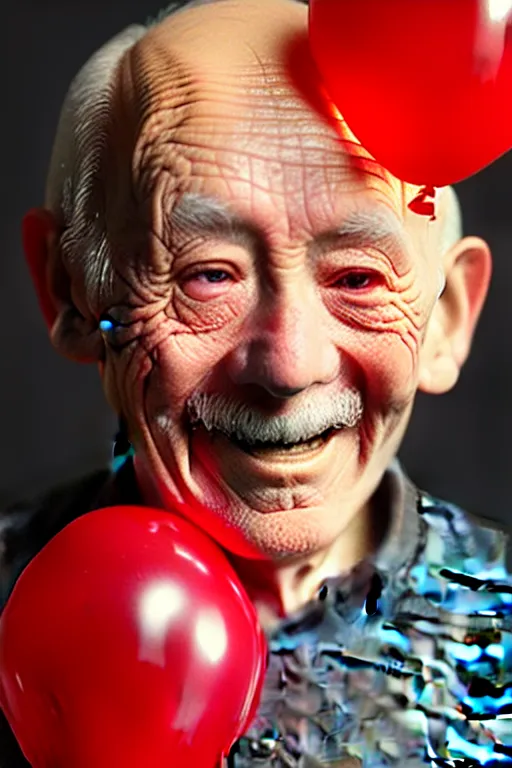 Image similar to portrait of smiling old man with red balloons, intricate and very beautiful and elegant, highly detailed, digital painting, artstation, concept art, smooth and sharp focus, beautiful render, art by tian zi and alphonse mucha and wlop