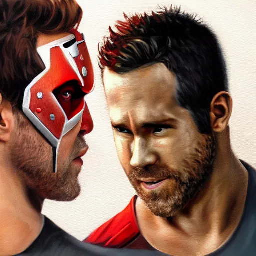 Prompt: a realistic painting by Raffaello Sanzi depicting the Ryan Reynolds with the head of the symbiotic Kamen Rider in the Renaissance,smooth,Sharp focus, trending on Artstation.