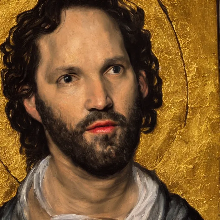 Prompt: The Passion of Paul Rudd, detailed oil painting, El Greco, Velazquez, gilded frame, religious art, 4k UHD