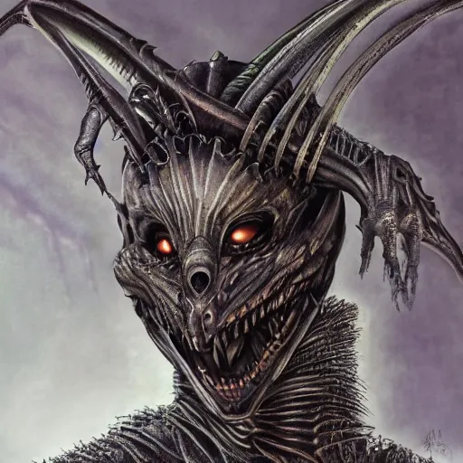 Image similar to Giger portrait of the dragon queen, Dragon in dragon lair, HD, full body dragon concept, flying dragon, Human body with dragon features, beautiful queen, perfect face, ray tracing, 4k realistic 3d rendered portrait, soft shading, soft colors, relaxed colors, hyperdetailed, wide angle lens, fantasy, futuristic horror, style of giger