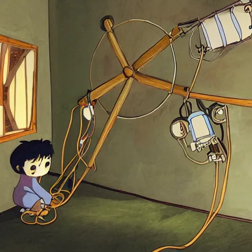 Prompt: a dream machine connceted to a boy with a helmet and electric cable by vanessa morales, studio ghibli, with radial light ray