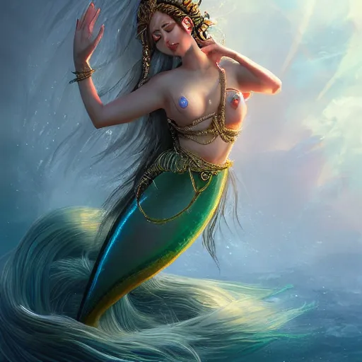 Prompt: stunning artstation style portrait painting of a mermaid bodhisattva, in the style of WLOP, 8k masterpiece, curvy, slim build, full body view, wide view cinematic lighting, pristine clean design, fantasy, insanely detailed, atmospheric