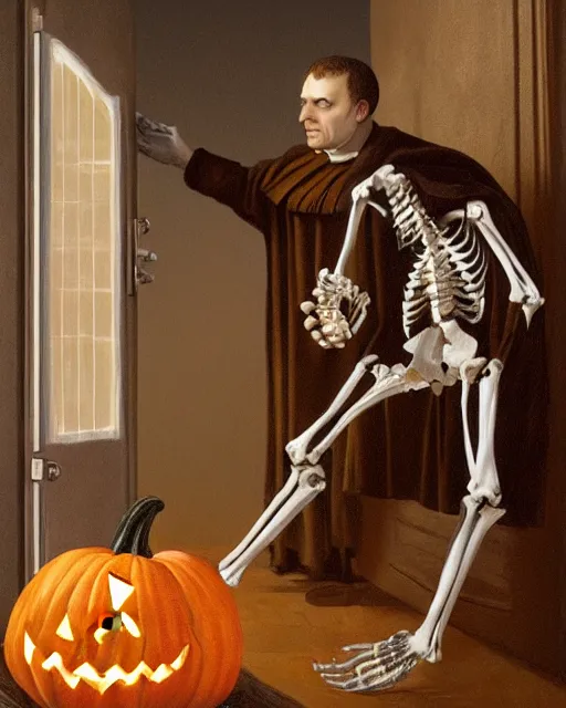 Image similar to A painting of Martin Luther nailing a paper skeleton Halloween decoration to the door of a suburban home, in the styles of Ferdinand Pauwels, Greg Rutkowski, and Tim Burton, hyperrealistic, volumetric lighting