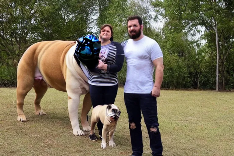 Image similar to a person standing next to a giant bulldog and the bulldog is five times taller then the person