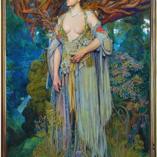 Image similar to portrait of the queen of the forest in full regalia, by Annie Swynnerton and Diego Rivera and Tino Rodriguez and Maxfield Parrish and Nicholas Roerich, elaborately costumed, rich color, dramatic cinematic lighting, extremely detailed