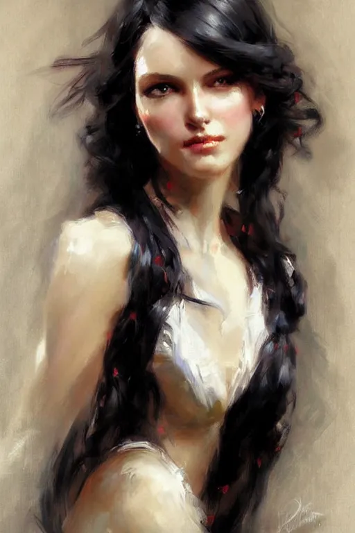 Image similar to pretty woman, flowing black hair, painting by daniel gerhartz, alphonse murac, detailed art, artstation