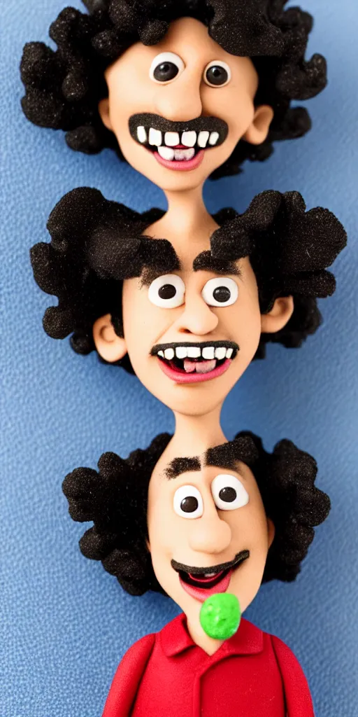 Image similar to claymation character, man with black curly hair and a smile