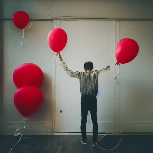 Image similar to man with a cactus head in a room full with red balloons