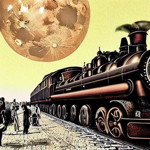 Prompt: steampunk train flying towards the moon