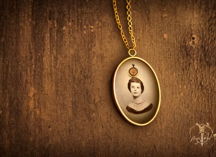 Prompt: sepia photo of a golden necklace with a hanging tiny open oval rusty golden locket pendant with a retro photo of an elegant and aesthetic woman royalty portrait, on a forest background with bokeh. Retro. Antique. High quality 8k. Intricate. Graflex camera 35mm. Award winning
