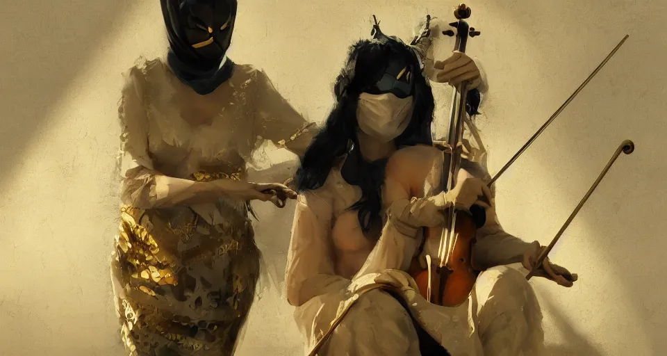 Prompt: craig mullins and ghibli digital art of a masked female play violin ， exotic costumes, gold jewelry, black hair, realistic shading, cinematic composition, realistic render, octane render, detailed textures, photorealistic, wide shot