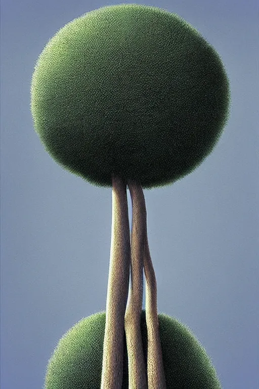 Image similar to an impossibly tall pompom tree with a slim trunk, viewed from below, ant perspective, digital illustration by chris van allsburg and artgerm, surreal, photorealistic