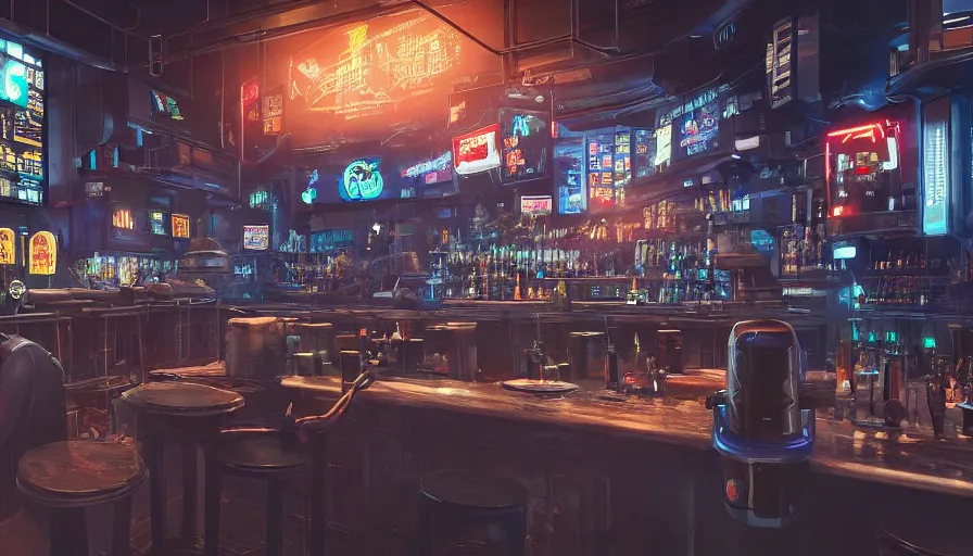 Image similar to cyberpunk themed pub filled with robots, very detailed, octane render, 4 k, trending on artstation