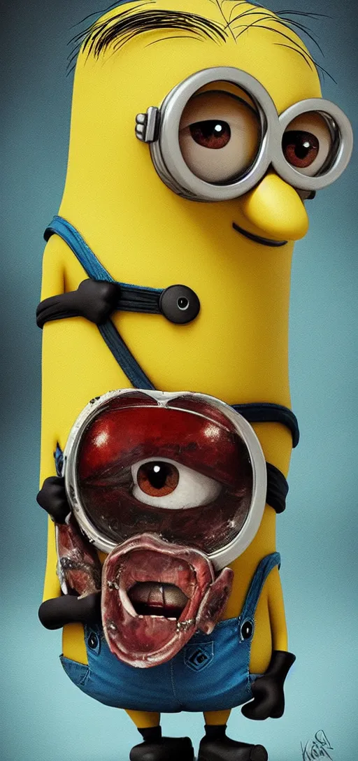 Image similar to a minion, bazinski style painting, hyperrealistic, horror, creepy