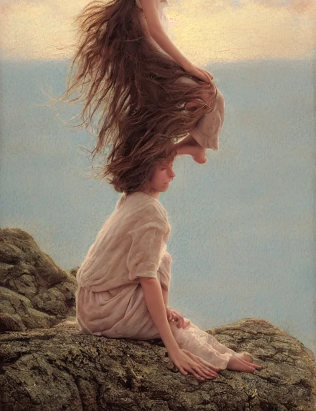 Image similar to peasant barefoot girl with long blowing windy hair sitting on the edge of rock, cottage core, cinematic focus, polaroid photo bleached vintage pastel colors high - key lighting, soft lights, foggy, by steve hanks, by lisa yuskavage, by serov valentin, by tarkovsky, 8 k render, detailed, oil on canvas