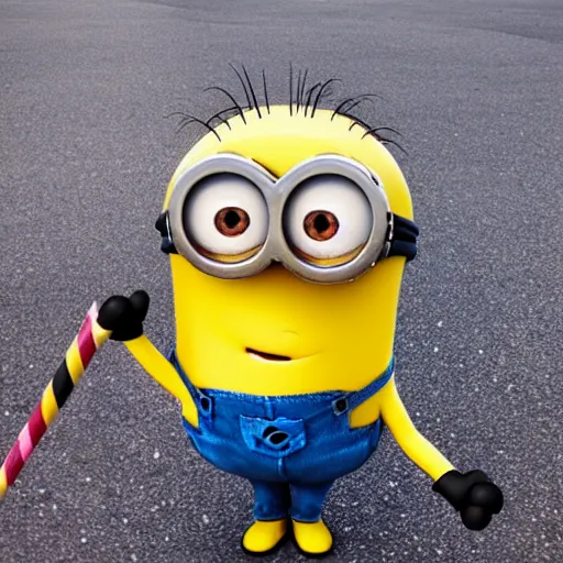 Image similar to a minion standing on the eiffel tower eating a lollipop