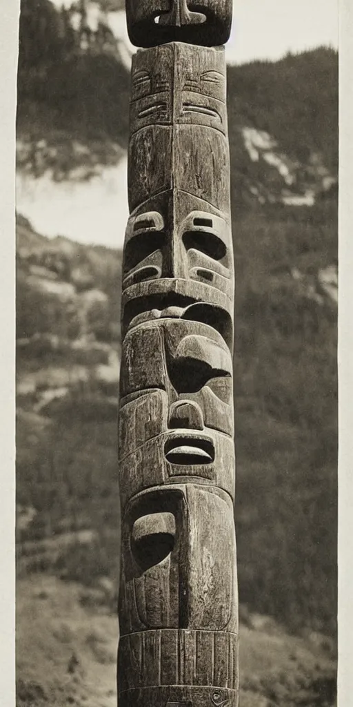 Prompt: vintage photo of Tsimshian totem by edward s curtis