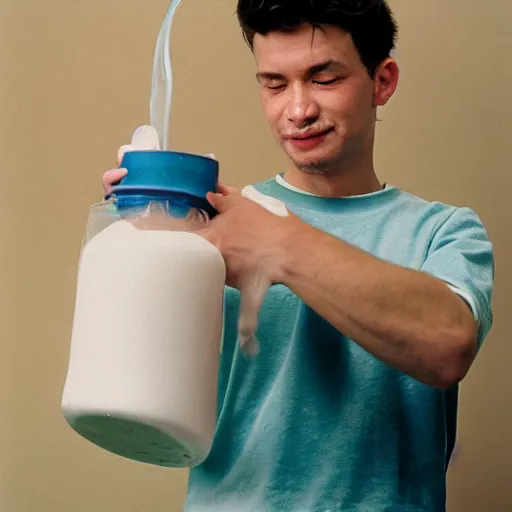 Prompt: A portrait of Homelander pouring milk on himself, Cinestill 800t