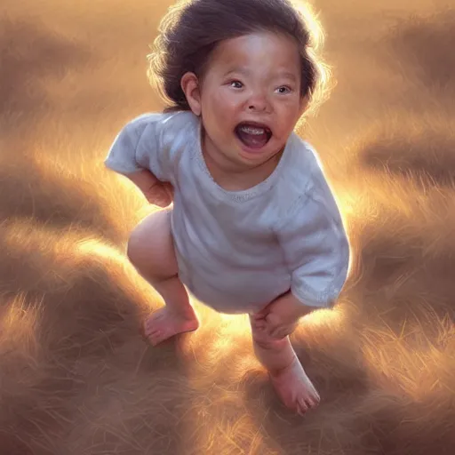 Image similar to clear portrait of human babies, adorable appearance!!!, golden hour, happy apearance, cottagecore!!, background hyper detailed, character concept, full body, dynamic pose, intricate, elegant, highly detailed, digital painting, artstation, concept art, smooth, sharp focus, illustration, art by artgerm and greg rutkowski and alphonse mucha