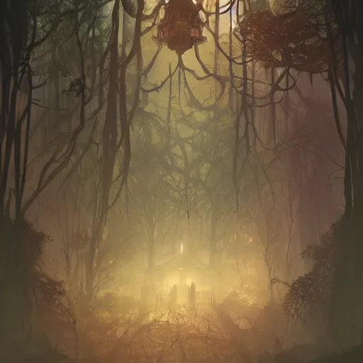 Image similar to a haunted victorian house in a dense dark forest, concept art, by Peter Mohrbacher and Alphonse Mucha, detailed, style, 8k, trending on artstation, unreal engine 4k, detailed, clean background trending, full shot, symmetrical portrait, sophisticated, Unreal engine, dystopia, anti-utopia, post processing, psychadelic