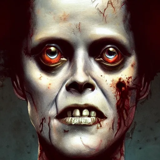 Image similar to color head portrait of sigourney weaver as a zombie, 7 days to die zombie, gritty background, fine art, award winning, intricate, elegant, sharp focus, cinematic lighting, digital painting, 8 k concept art, art by michael hussar, art by brom, art by guweiz and z. w. gu, 8 k