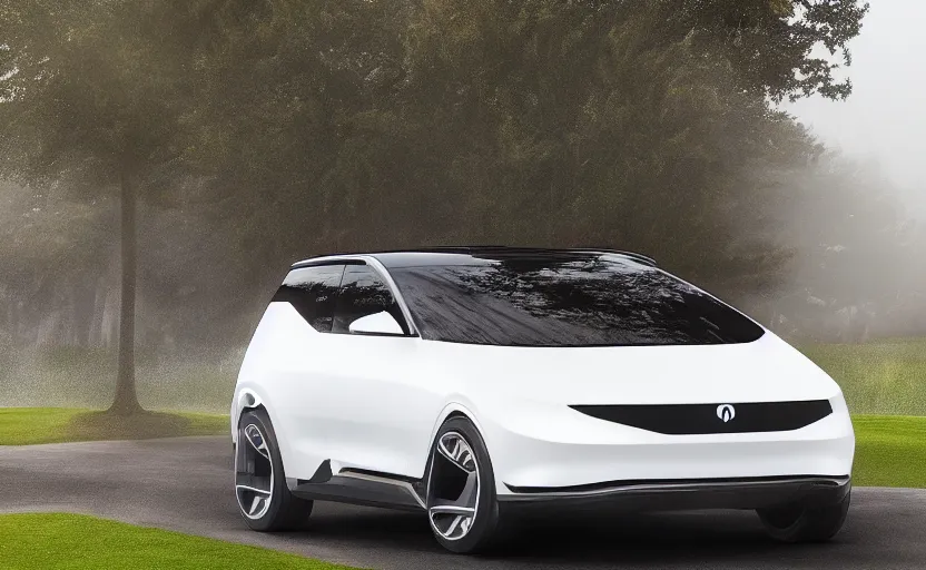 Image similar to the electric suv honma will release soon, outdoor product photography on a golf course, fog, very besautiful ambient light, sun rays