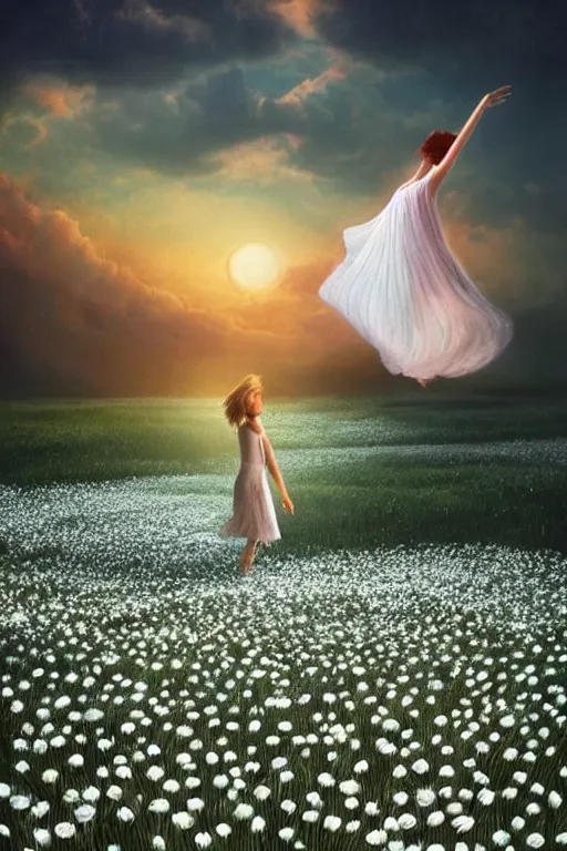 Image similar to veil made of giant white daisy flower, girl dancing in a flower field, surreal photography, sunrise, dramatic light, impressionist painting, colorful clouds, digital painting, artstation, simon stalenhag