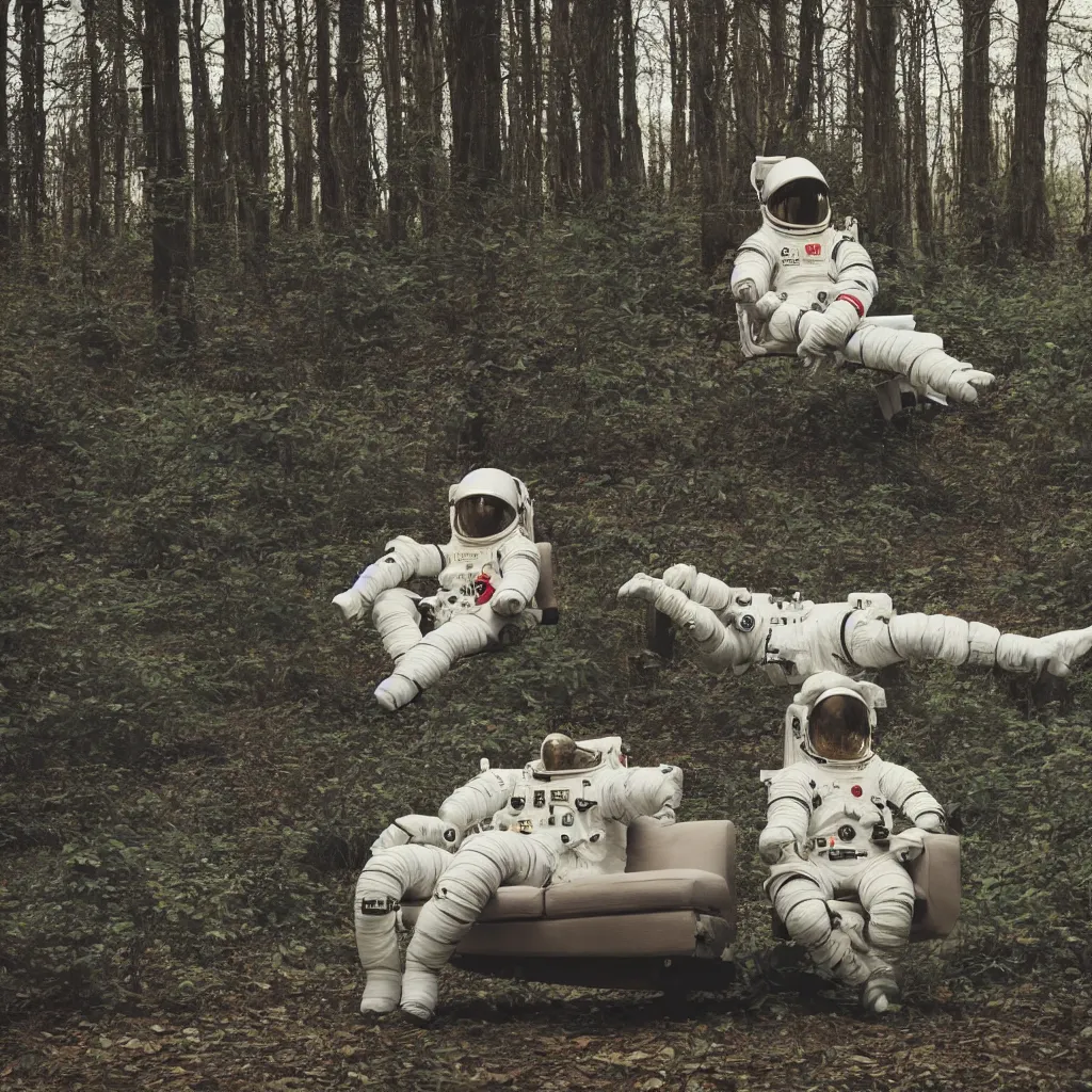 Prompt: astronaut sitting on a couch in the forest