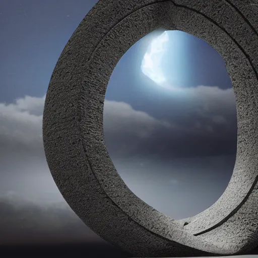 Prompt: active stargate made of stone that form a circle, cinematic view, volumetric light, epic sky