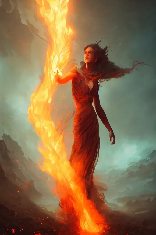 Prompt: eldritch volcanic fire goddess clothed in a flaming gown, volcanic embers, magma, detailed matte fantasy portrait, dynamic lighting, by greg rutkowski, by peter mohrbacher, by brom, hyperrealism, detailed face, 8 k dop dof hdr