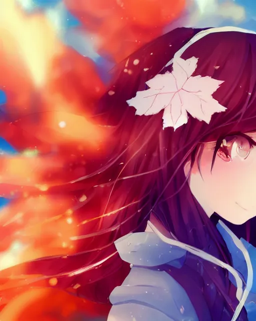 Image similar to happy cute teenage girl Portraits.Closeup of the pretty Anime girl's side face with her head slightly raised.Slightly curly Orange flowing hair .Shining highlights in Background.vivid color.digital 2D, painterly style, cinematic matte Illustration,trending on pixiv and artstation.Fine particles Red maple leaves fluttering in the air. anime wallpaper，Sunlight on the face.by Mika Pikazo，米山舞，Yoneyama Mai，Makoto Shinkai, VOFAN