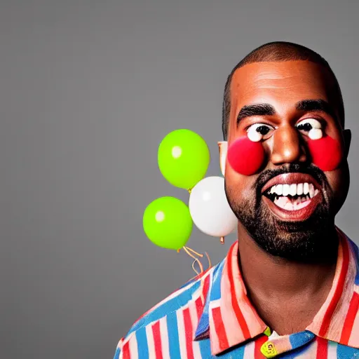 Prompt: a vintage studio portrait of kanye west clown with balloons behind him, black background, chiaroscuro lighting, camera focused on the face, close up portrait, shallow depth of field, 8 0 mm, f 1. 8