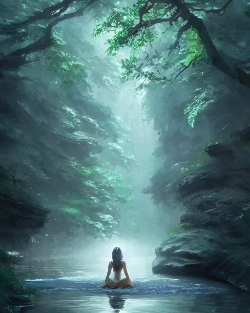 Image similar to a female water spirit in a river, trees, shady atmospheric, magical, made of water, ripples, Narnia. By Makoto Shinkai, Stanley Artgerm Lau, WLOP, Rossdraws, James Jean, Andrei Riabovitchev, Marc Simonetti, krenz cushart, Sakimichan, trending on ArtStation, digital art.