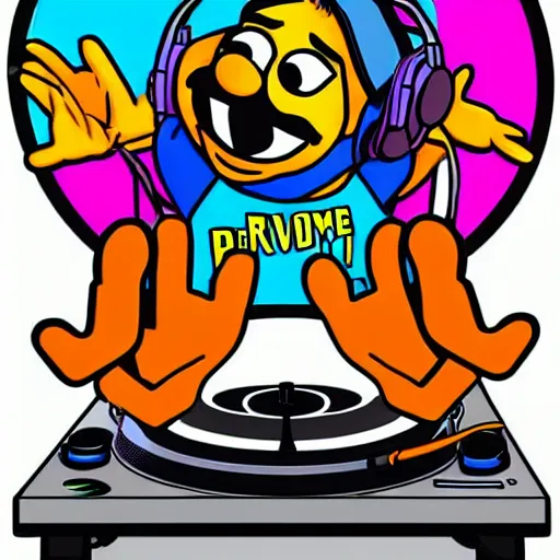 Image similar to svg sticker of a Pop-Wonder Bert&Ernie, Sesame-Street, at a rave, spinning records, giant headphones rocking out, wearing headphones, huge speakers, dancing, rave, DJ, spinning records, digital art, amazing composition, rule-of-thirds, award-winning, trending on artstation, featured on deviantart