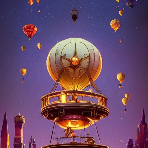 Image similar to a stunning fantasy scene of a steampunk hot - air balloon flying over an art deco city with a clock - tower | highly detailed | very intricate | disney pixar | steampunk | dramatic romantic epic breathtaking whimsical magical | bokeh moon stars | professional cinematic lighting | artdeco | painted by beeple and rhads and donato giancola | bold color palette | featured on artstation