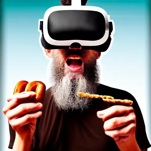 Image similar to Colour Photography of 1000 years old man with highly detailed 1000 years old face wearing higly detailed VR Headset. Man eating hot-dog in style of Josan Gonzalez