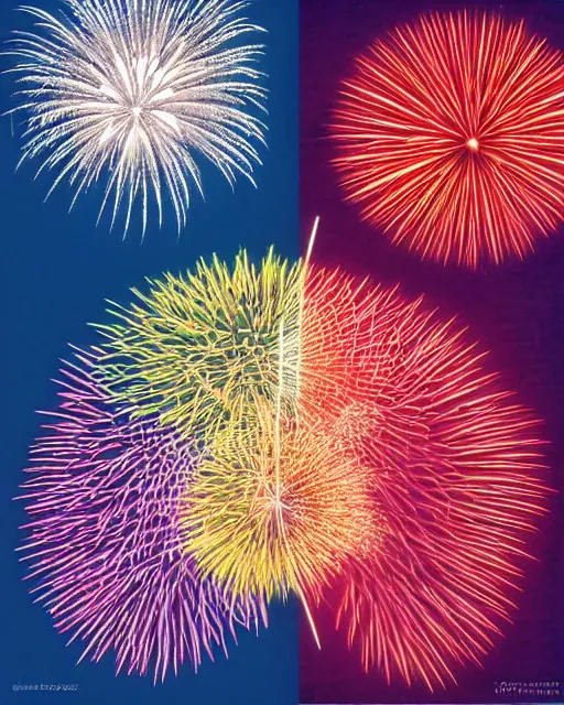 Prompt: summer fireworks over Sumida River across from Asakusa, minimalist geometric abstract art in the style of Hilma af Klint