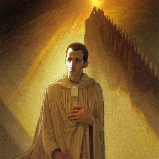 Prompt: A frightened young, thin and stern catholic priest in his thirties fervently praying as he is about to die from the ominous terrifying Lovecraftian yellow shadow descending upon him from the night sky. He is at the top of a medieval tower. Low angle, dramatic lighting. Art by Greg Rutkowski and Alphonse Mucha but as a photograph