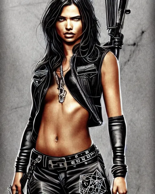 Image similar to Adriana Lima in sons of anarchy tv show, wearing leather , D&D style , highly detailed, digital art, trending on artstation, smooth, sharp focus, illustration, art by artgem and ROBERT HYNES