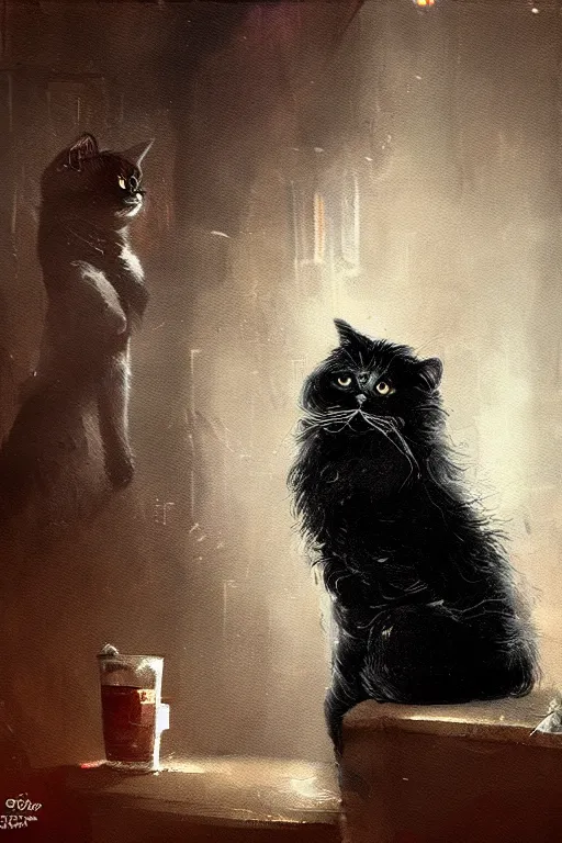 Prompt: of a british longhair cat wearing and act like a gangster in the night club, by greg rutkowski