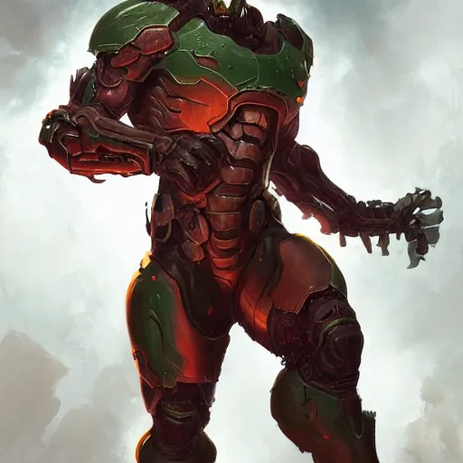 Image similar to doom eternal, mutant, armor fused with the body, painted by stanley lau, painted by greg rutkowski, painted by stanley, artgerm, masterpiece, digital art, trending on arts