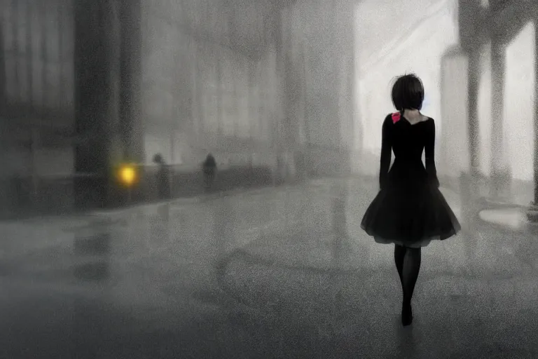 Prompt: a woman in a black dress and thigh highs walking in a dark soviet city, digital art, beautiful face, atmospheric, volumetric, by wlop, by yoshitaka amano, highly detailed, composition, 4 k