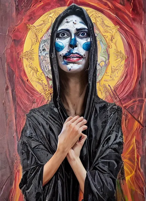 Prompt: cult magic psychic woman smiling, subjective consciousness psychedelic, epic surrealism expressionism symbolism story iconic, dark robed witch, oil painting, robe, symmetrical face, greek dark myth, by Sandra Chevrier, Nicola Samori, Jeff Legg masterpiece