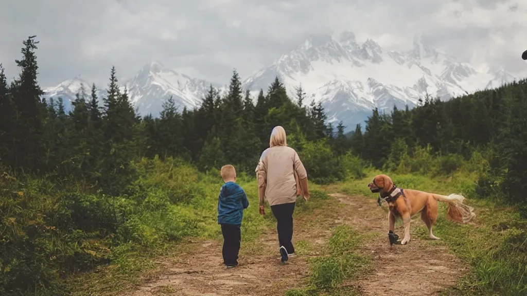 Image similar to “ one young boy in the middle of his parents, walk on a trail in forest, one golden retriever running happily, mountains in the background, highly detailed ”