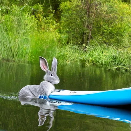 Image similar to a grey rabbit paddling a blue kayak on a small calm stream, 4k photorealistic