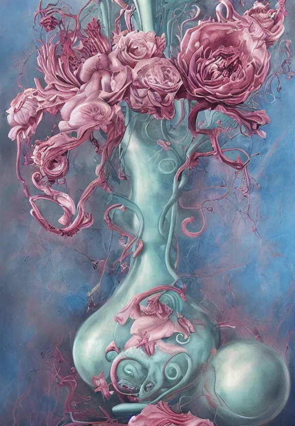 Image similar to a biomorphic painting of a vase with flowers and eyeballs in it, a surrealist painting by Marco Mazzoni, by Dorothea Tanning, pastel blues and pinks, featured on artstation, metaphysical painting, oil on canvas, fluid acrylic pour art, airbrush art, seapunk, rococo, lovecraftian