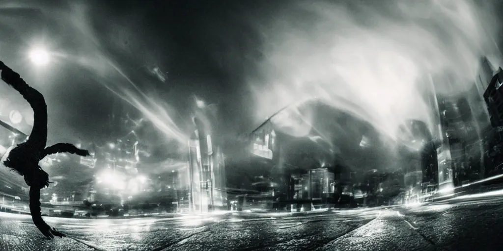 Image similar to fisheye lens slow motion with trail effect of futuristic break dancer wearing floating long dress, long exposure shot , at night in the middle of a rainy street, paddle of water, steam, fog, water splashes, rim lights, glossy reflections, water droplets on lens, octane render, dark and dramatic, explosion in the background, detailed and soft, fisheye lens, smooth, sharp focus, illustration, art by artgerm and greg rutkowski