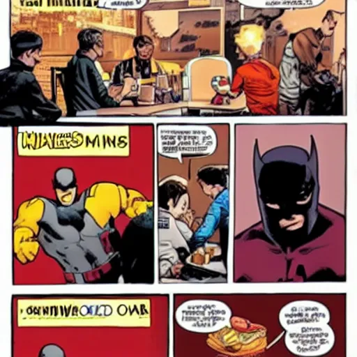 Prompt: daredevil eating in mcdonalds, marvel