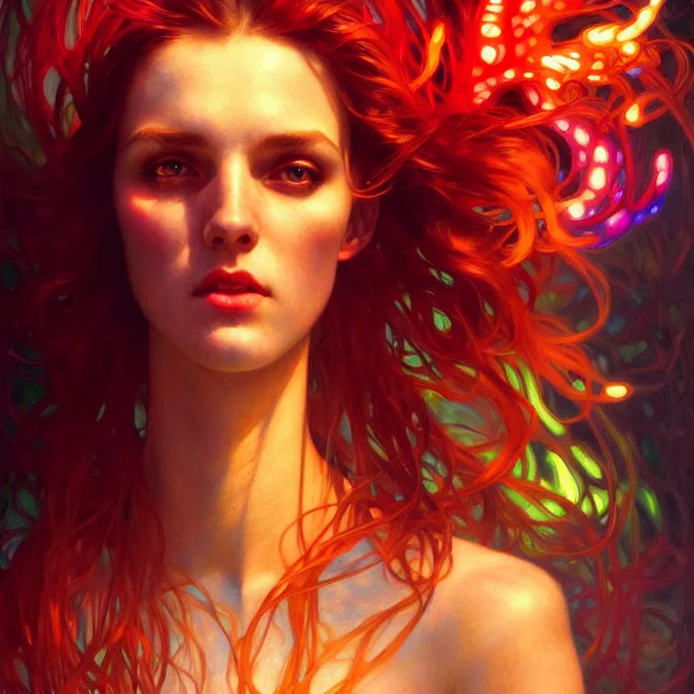 Image similar to bright asthetic portrait LSD glowing backlit, fantasy, intricate, elegant, dramatic lighting, highly detailed, lifelike, photorealistic, digital painting, artstation, illustration, concept art, smooth, sharp focus, art by John Collier and Albert Aublet and Krenz Cushart and Artem Demura and Alphonse Mucha