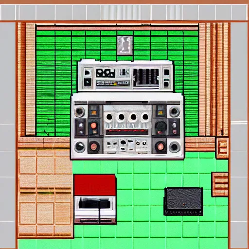 Prompt: 16 bit pixel art aerial view of a home music studio